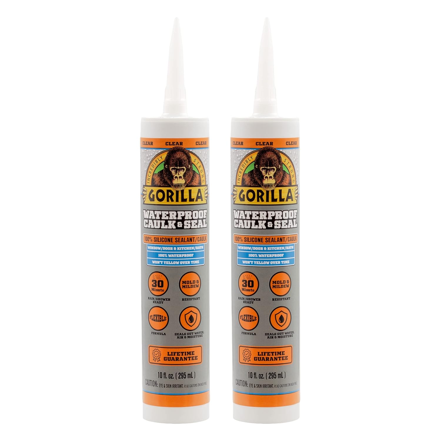 Gorilla Waterproof Caulk & Seal Silicone Sealant, 10Oz Cartridge (Pack of 2) - Clear Caulking Sealant for Kitchen, Window, Bath, Marine, Door and More