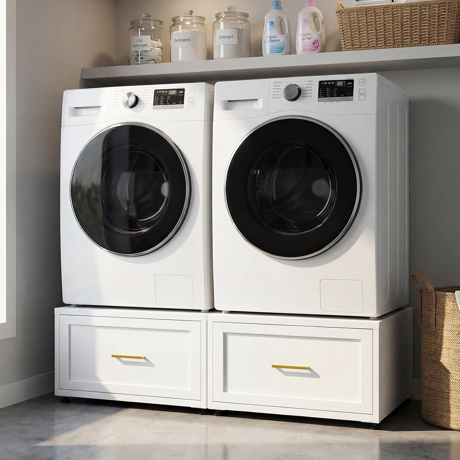 2 Pack Laundry Pedestal Heavy Duty Metal Washer and Dryer Pedestals, 16" H Universal Fit Washer Stand Base, Washing Machine Stand with Storage Drawer, 440lbs Mini Fridge Stand, (White, 2PCS)