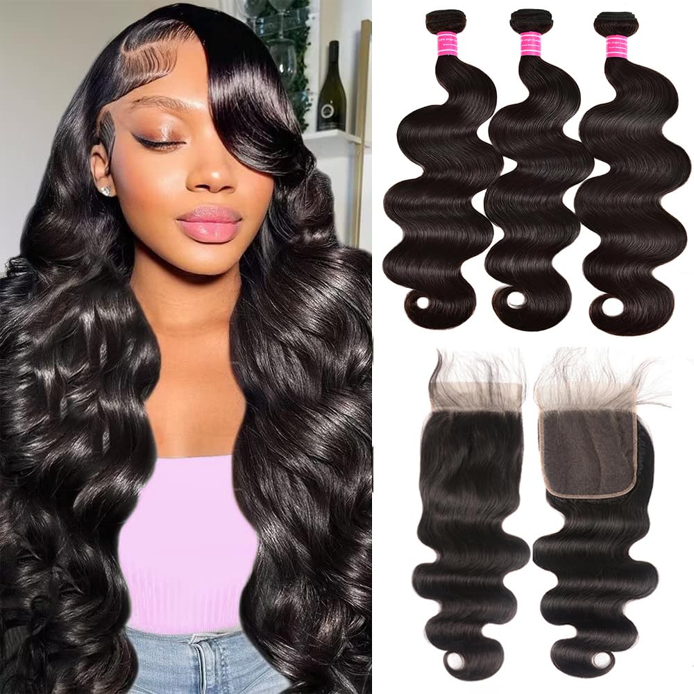 10A Body Wave Bundles with Closure (24 26 28+20) Brazilian Human Hair 3 Bundles with 4x4 Lace Closure 100% Unprocessed Virgin Hair Body Wave Bundles Human Hair Natural Color for Black Women