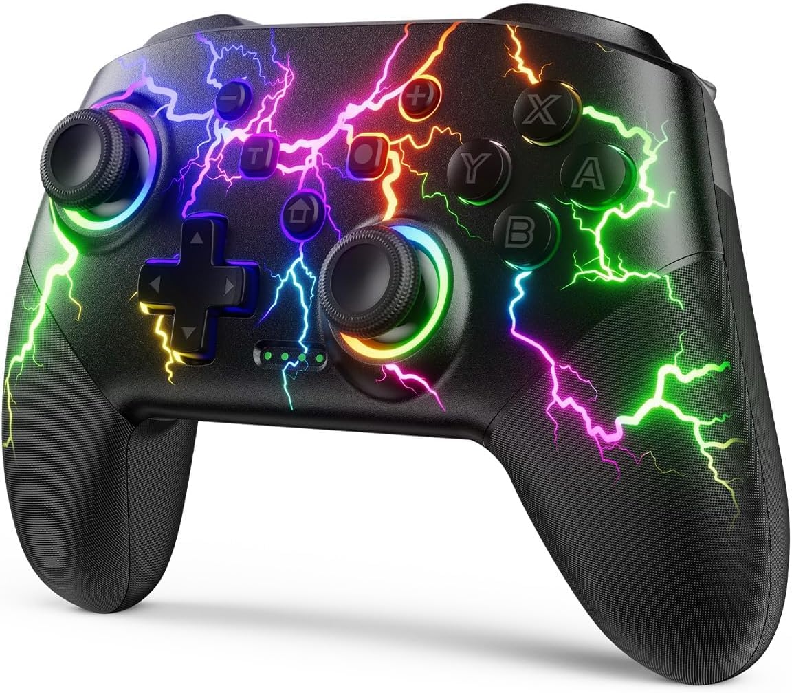VOYEE Switch Controller Compatible with Switch/Lite/OLED/PC Windows, RGB Lightning Programmable 1000mAh Wireless Pro Controller with One Key Pairing Wake Up Vibration Turbo