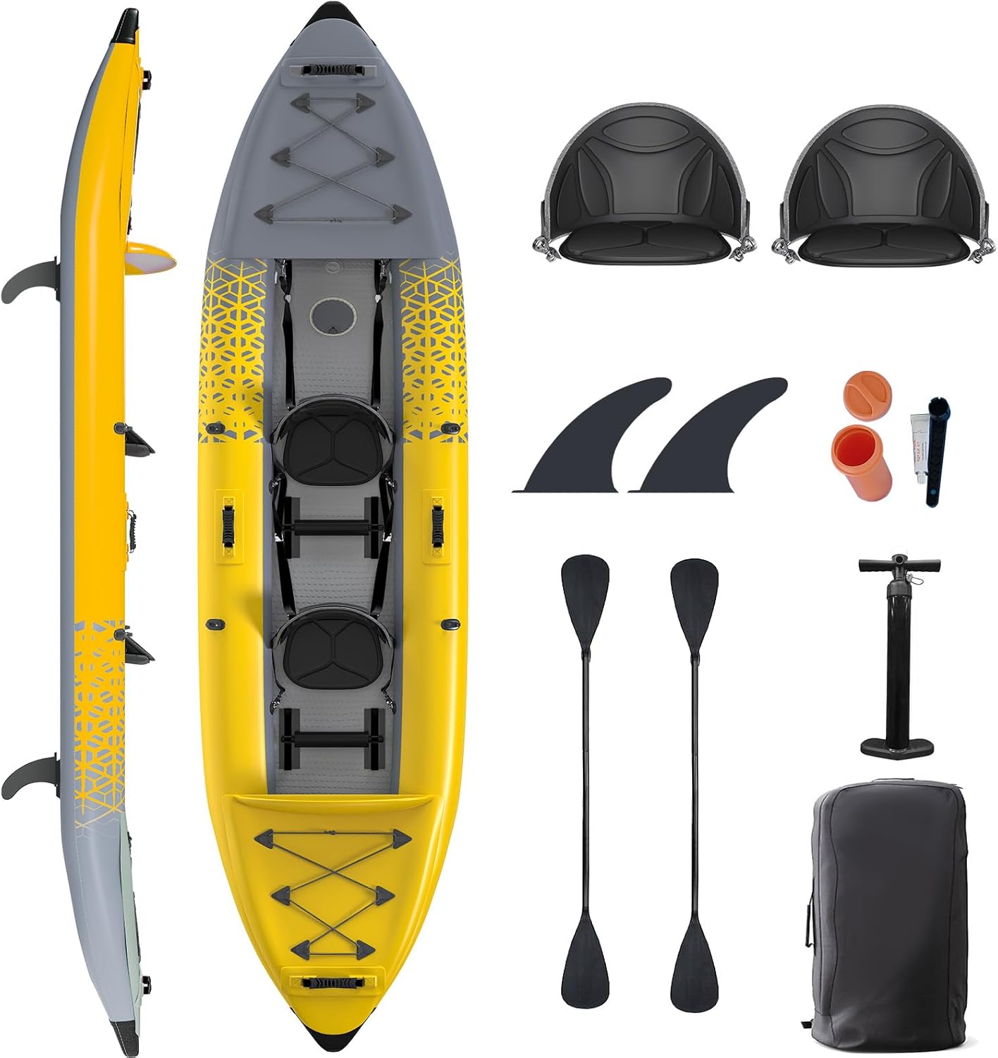 2-Person Inflatable Kayak with Drop-Stitch Floor, Lightweight, Portable, Durable Solo Kayak for Fishing, Touring, and Recreational Paddling, Yellow/Blue
