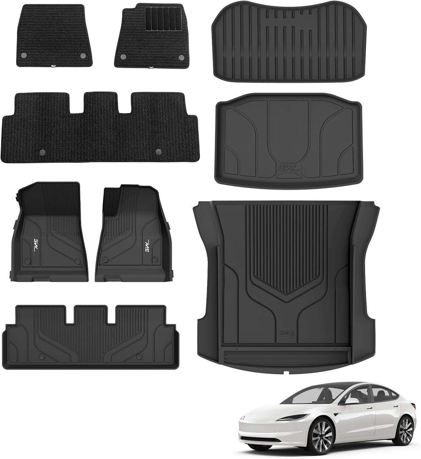 3W Floor Mats & Boot Liner & Carpets Fit for Tesla Model 3 2021 2022 2023, All Weather Dog Friendly TPE Mats, Waterproof Non Slip Car Liner Easy to Install Tesla Car Accessories (9 PCS)
