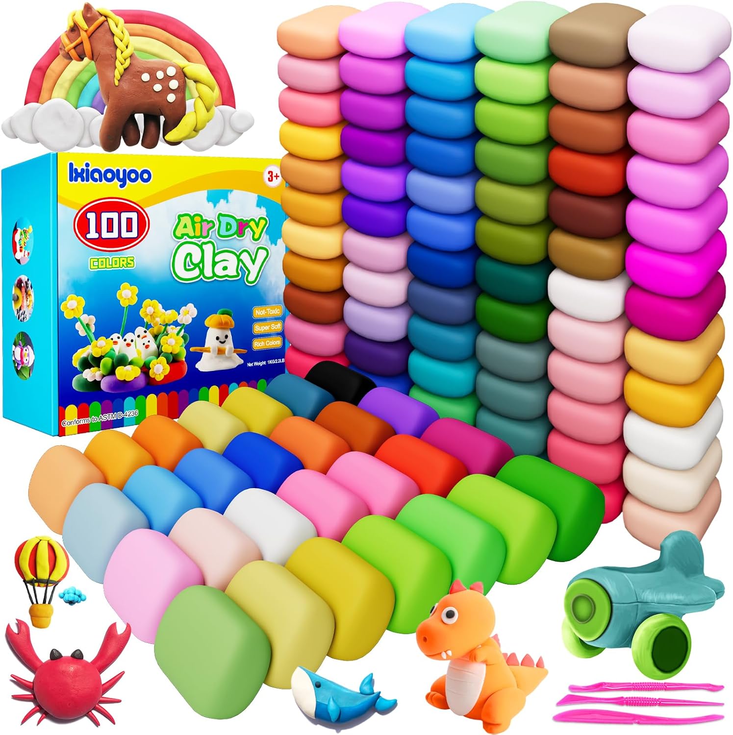 Ixiaoyoo Air Dry Clay, 100 Colors Foam Modeling Clay for School Projects