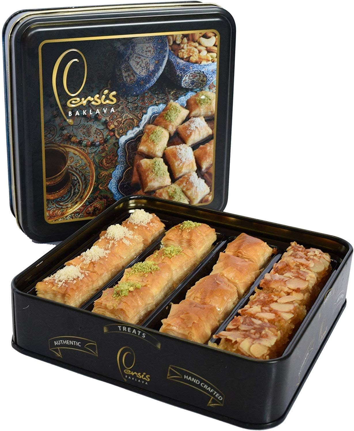 Persis Premium Vegan Baklava -Tin Sweets Gift Box |350g SALSA Certified Baclava| Handmade Filo Pastry | Cashew, Almond Filling & Pistachio Baklava | Vegan Gifts (16 Pieces, 350g)