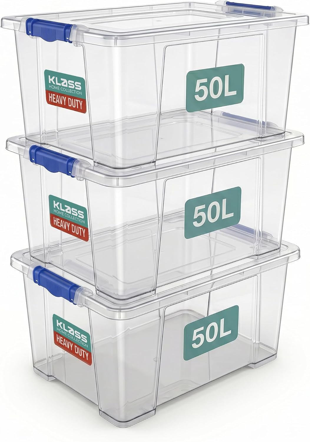 Klass 3 PCS 50L Plastic Storage Boxes With Lids, Cliping Lid Clear Storage