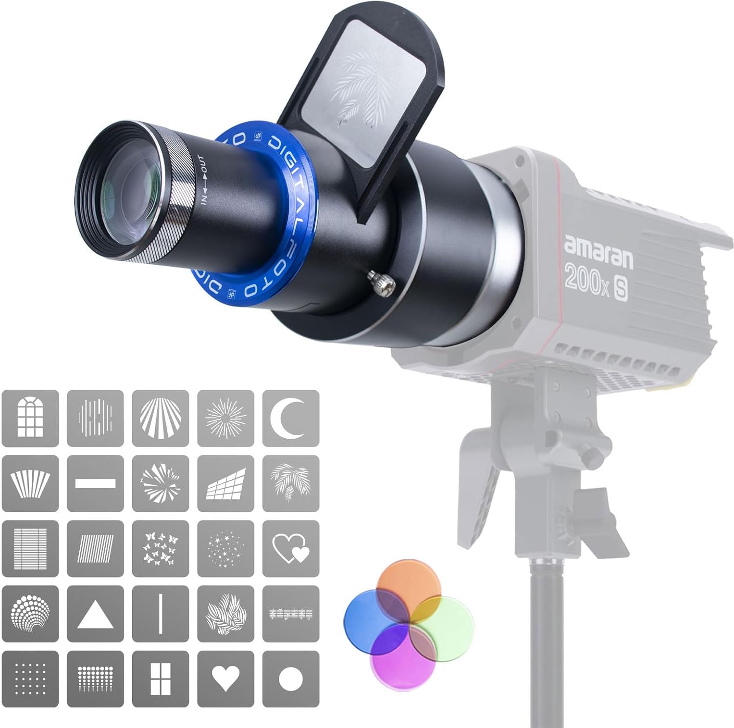 DF DIGITALFOTO Optical Snoot Bowens Mount Gobo Projector, 25 Gobos, Projection Attachment for Photography Spotlight, Compatible with Aputure Amaran 100X/D 200D/X, Godox SL60 for Portrait, Focusable