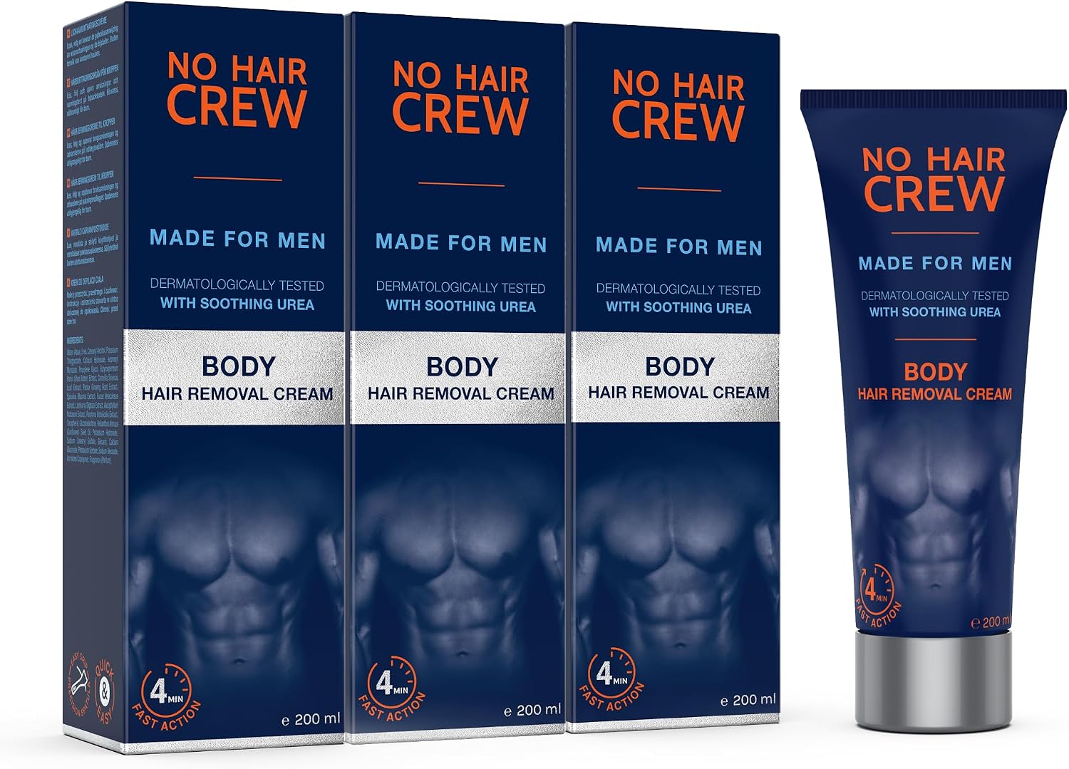 NO HAIR CREW Body Hair Removal Cream for Men Pack of 3 (3 x 200 ml) – For Chest, Back and Underarms – Gentle and Effective Depilation without Cuts or Razor Burn