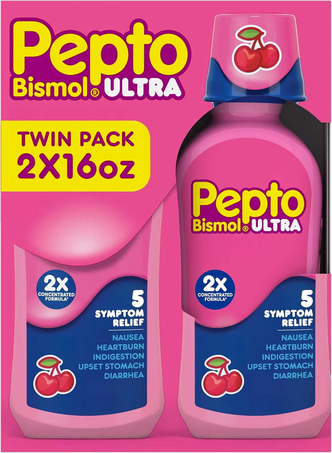 Pepto Bismol ULTRA Liquid for Nausea, Heartburn, Indigestion, Upset Stomach, and Diarrhea - 5 Symptom Fast Relief Medication for Adults, Cherry Flavor, 2x16 oz