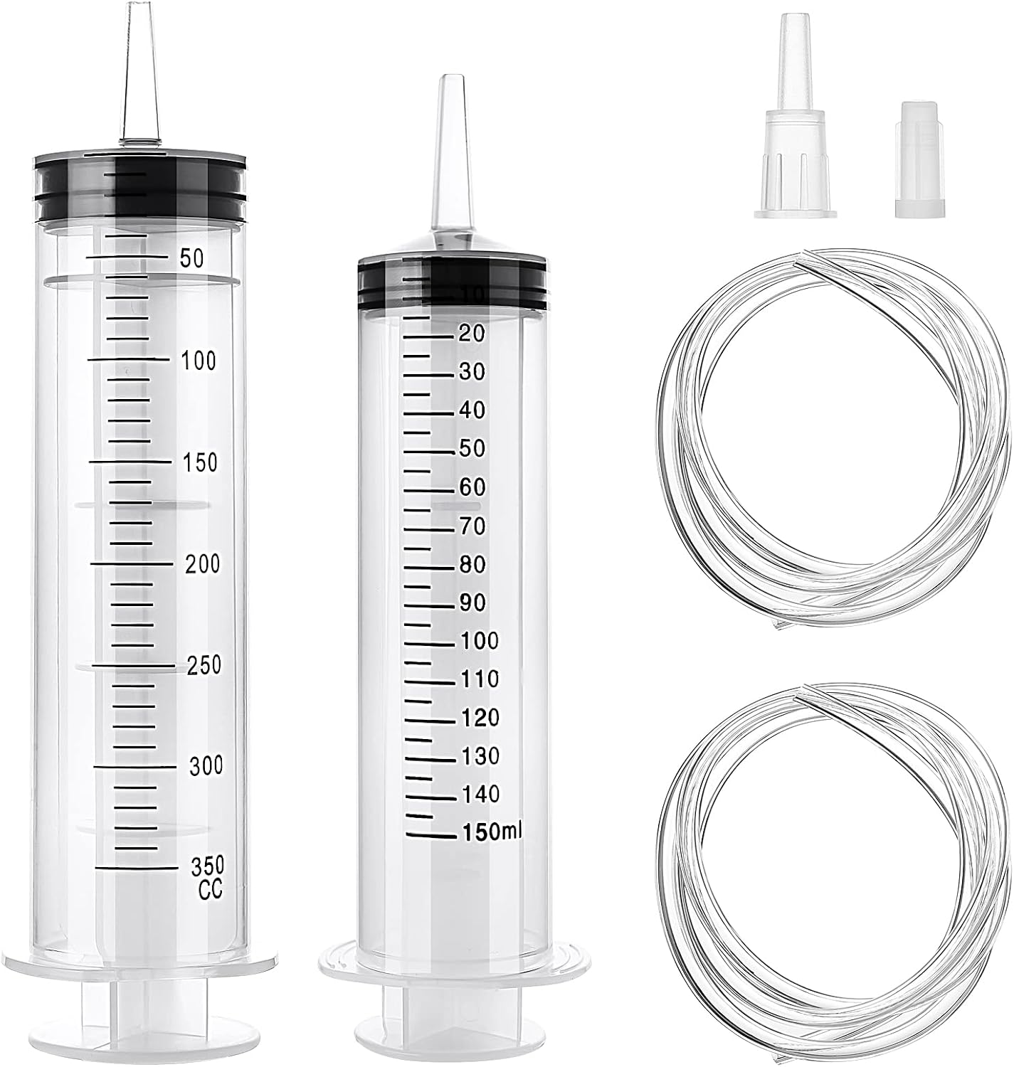 Large Syringe, 150ml+350ml Reusable Liquid Syringe with 2pcs 1m Catheter, Plastic Measuring Tools Oil or Glue Applicator for Laboratory, Industry, Garden, Pet Feeding (150ml+350ml)