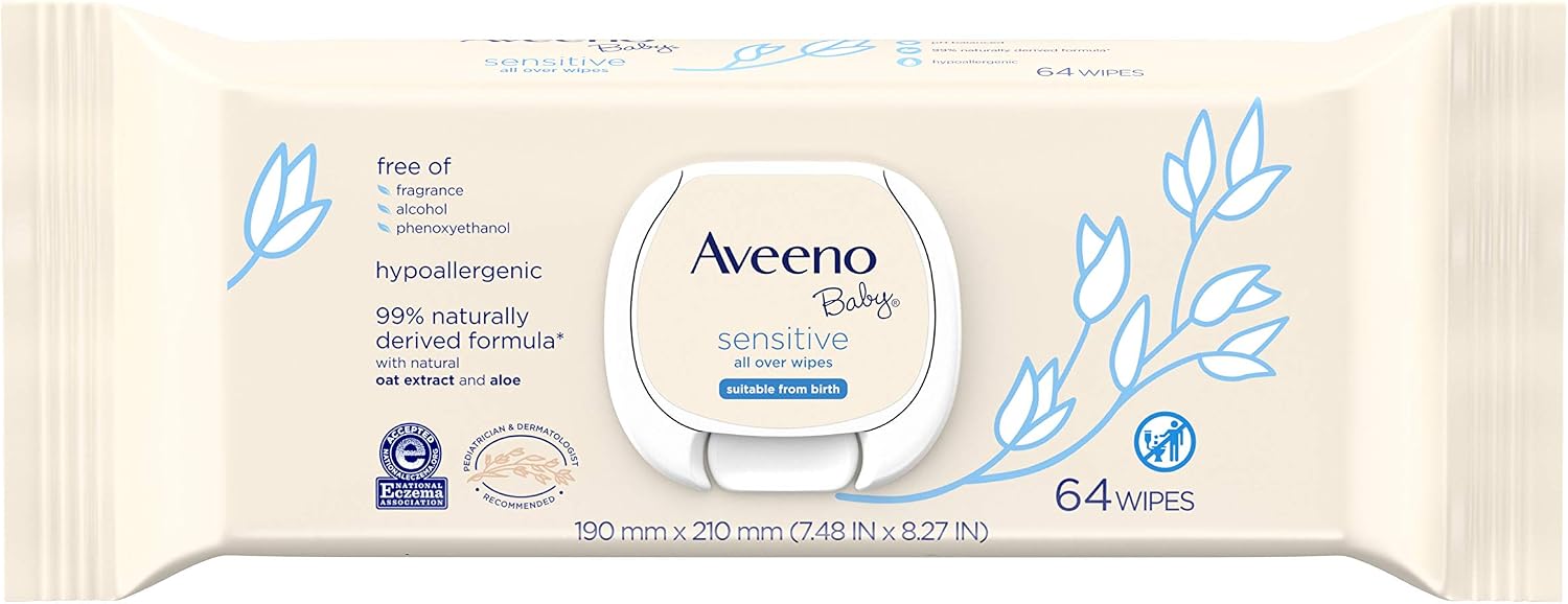 Aveeno Baby Wipes 64 Count Sensitive (Pack of 2)