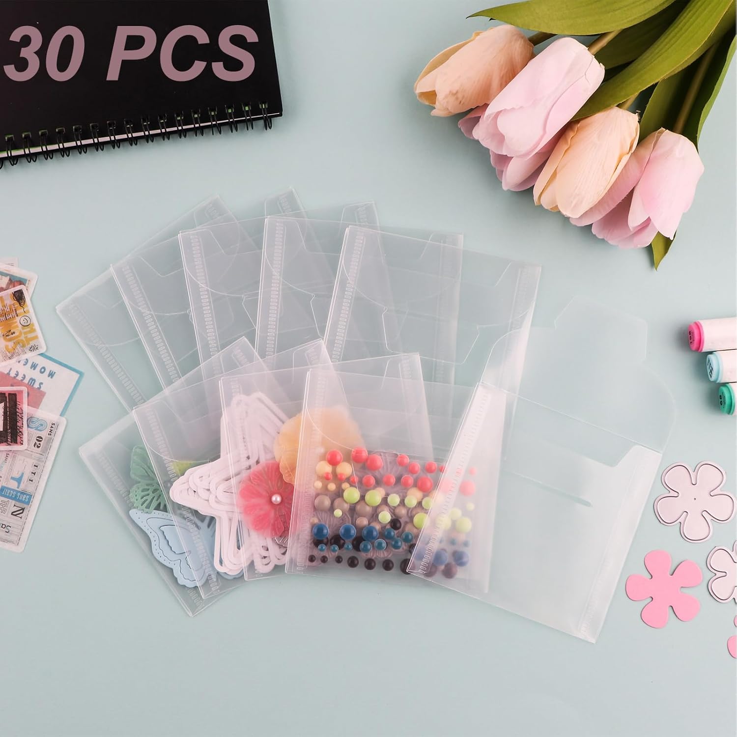 Briartw 30 Pcs Square Clear Die & Stamp Storage Bag Resealable Transparent Plastic Envelopes Pockets for Cutting Dies Stencil Embossing Crafts for DIY Scrapbooking Paper Card Craft Organizer Holder