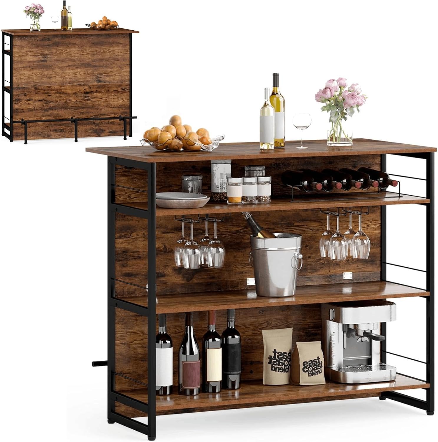 TANGZON 2 in 1 Kitchen Island, Industrial 4-Tier Bar Table with Storage Shelves, Wine Rack, Glass Holders & Footrests, Metal Frame Counter Home Bar Unit Wine Cabinet (Rustic Brown)