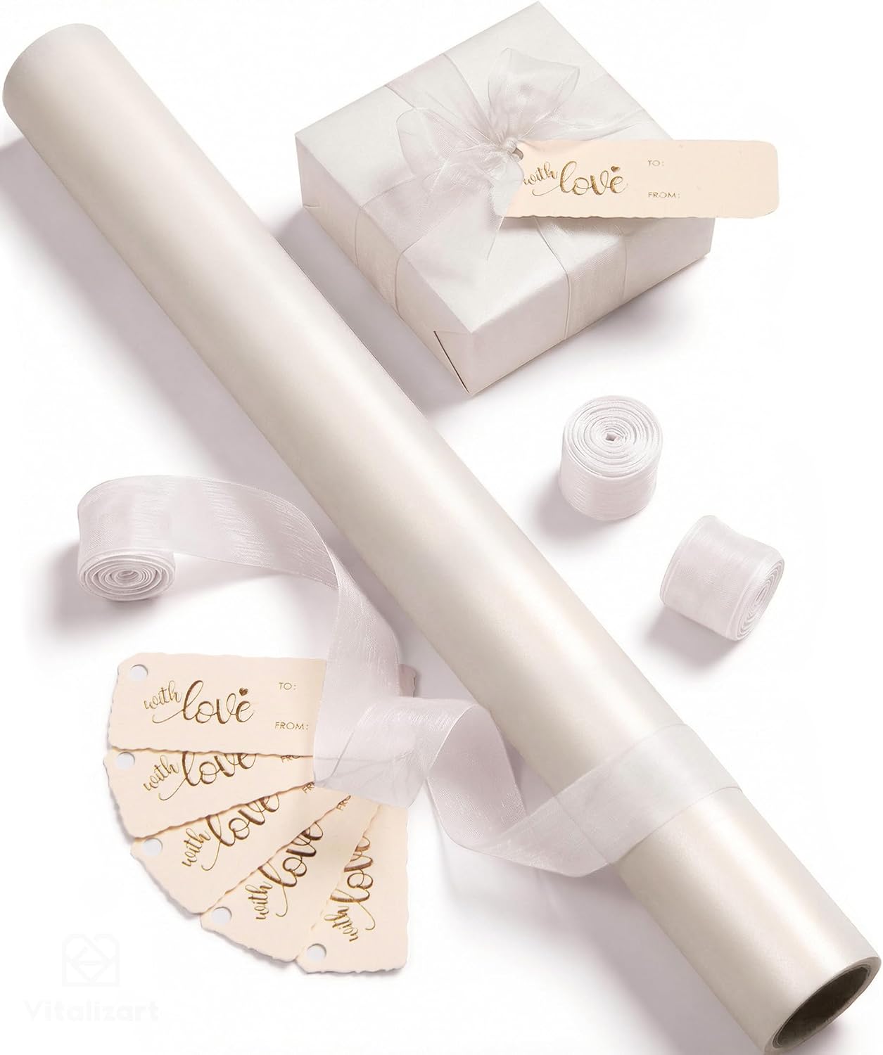 Vitalizart White Wrapping Paper 43 cm x 5 m, Pearlescent Gift Paper