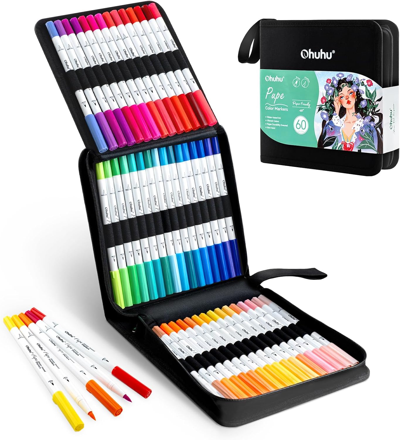 Ohuhu 60 Colours Colouring Pens, Paper-Friendly No Peeling Water-Based Markers, Dual Tips Brush Pens for Adult Colouring Books, Coloring Markers for Calligraphy Drawing Journal - Pupe Series