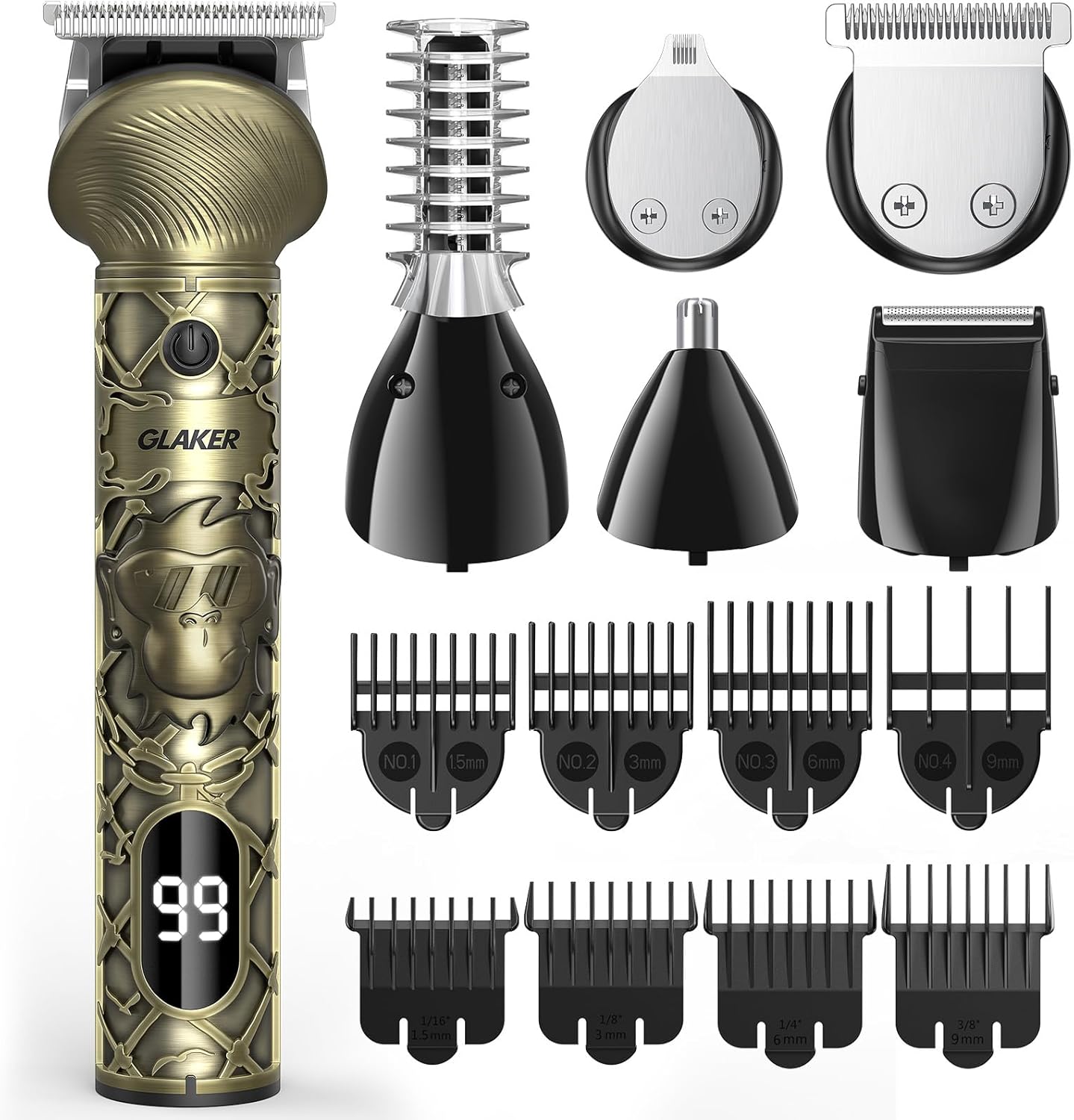 GLAKER Beard Trimmer Men Hair Clippers Cordless, Nose and Ear Trimmer for Men Rechargeable, Electric Razor Shaver 6 in 1 Mens Grooming Kit for Mustache Facial Body Hair Trimming (Gold)