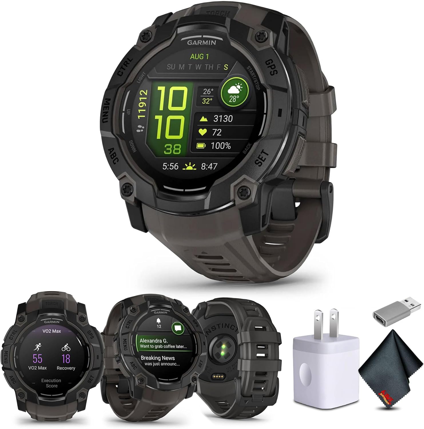 Garmin Instinct 3 50mm, AMOLED, Outdoor GPS Smartwatch, 24/7 Health Monitoring, 24 Days of Battery Life, Built-in Flashlight, Charcoal (010-03020-00) Fitness and Tactical Smart Watch Bundle for Men