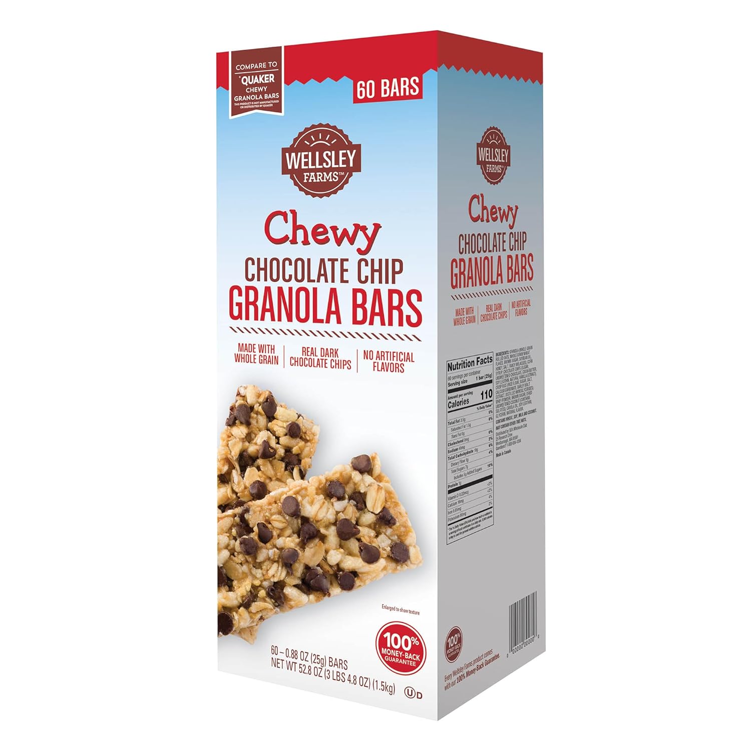 Wellsley Farms Chewy Chocolate Chip Granola Bars, 60 Count (3 lbs 4.8 oz) - 110 Calories Per Bar, Made with Whole Grain & Real Dark Chocolate Chips, No Artificial Flavors