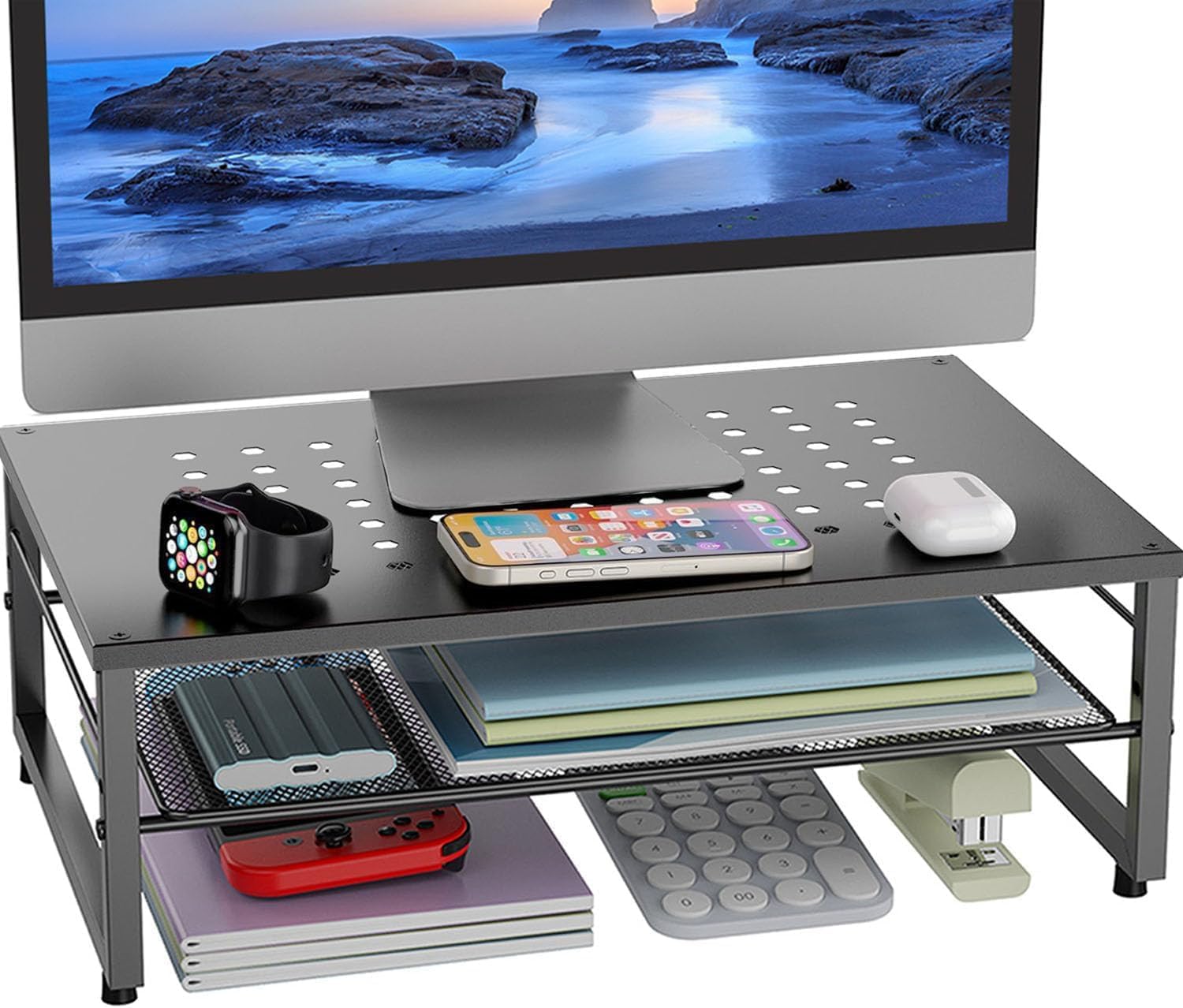 gianotter Desk Organizers and Accessories, 2-Tier Metal Monitor Stand Riser, Desk Organizer for Monitor, Office Desk Storage Organizer for Office Supplies (Black)
