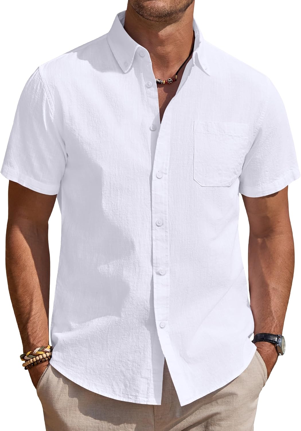 J.VER Men's Short Sleeve Linen Shirts Shrink Free Button Down Regular Fit Solid Shirt Casual Lightweight Summer Beach Shirts Tops with Pocket