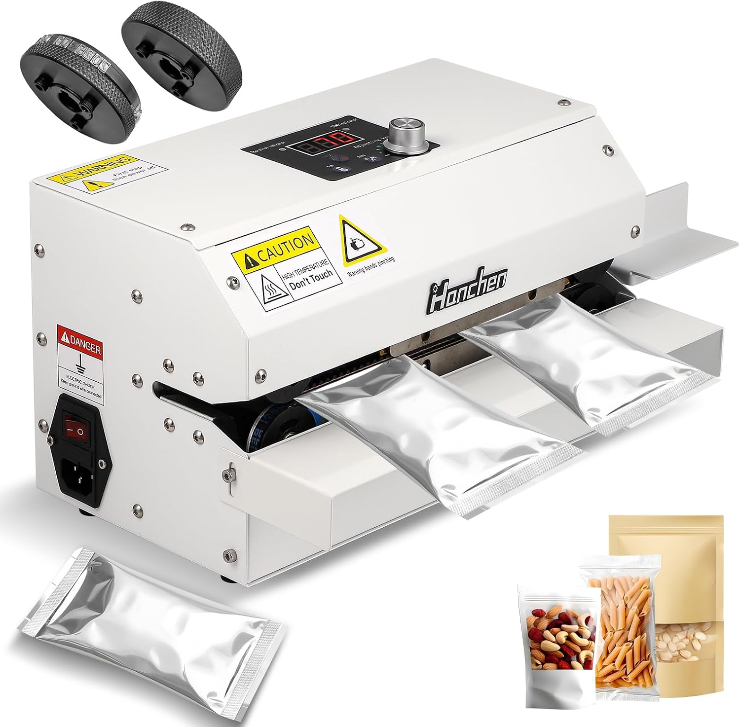 Hanchen Automatic Sealing Machine With Printing Wheel, 10mm Bag Sealer Continuous Heat Sealer Machine for Plastic Bag, Foil Bag, Kraft Paper Bag