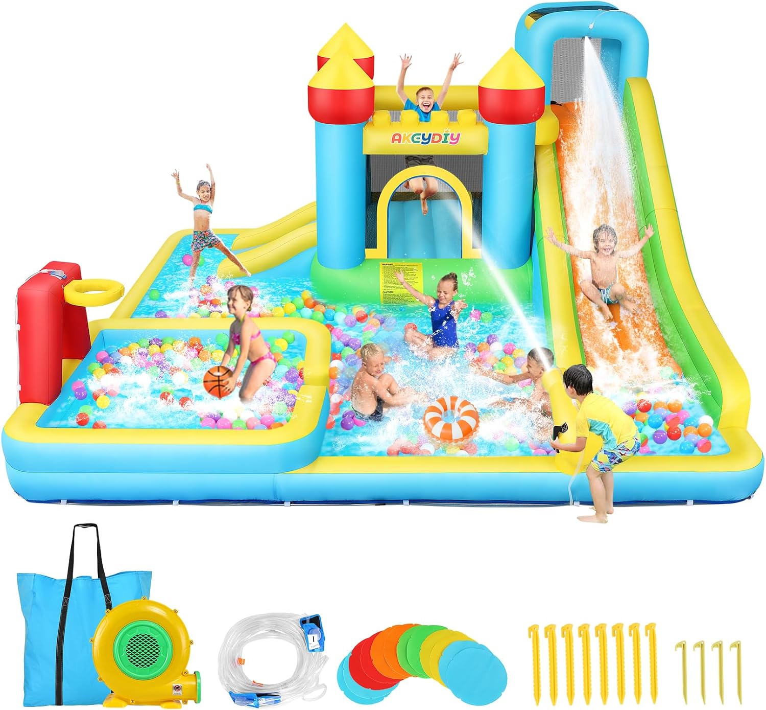 AKEYDIY Inflatable Water Slide Bounce House for Kids 3-12, Mega Water Bounce House Park w/ 2 Slides, Splash Pool & Deep Pool, Basketball Hoop, Water Cannon, 8 in 1 Backyard Water Park with Blower