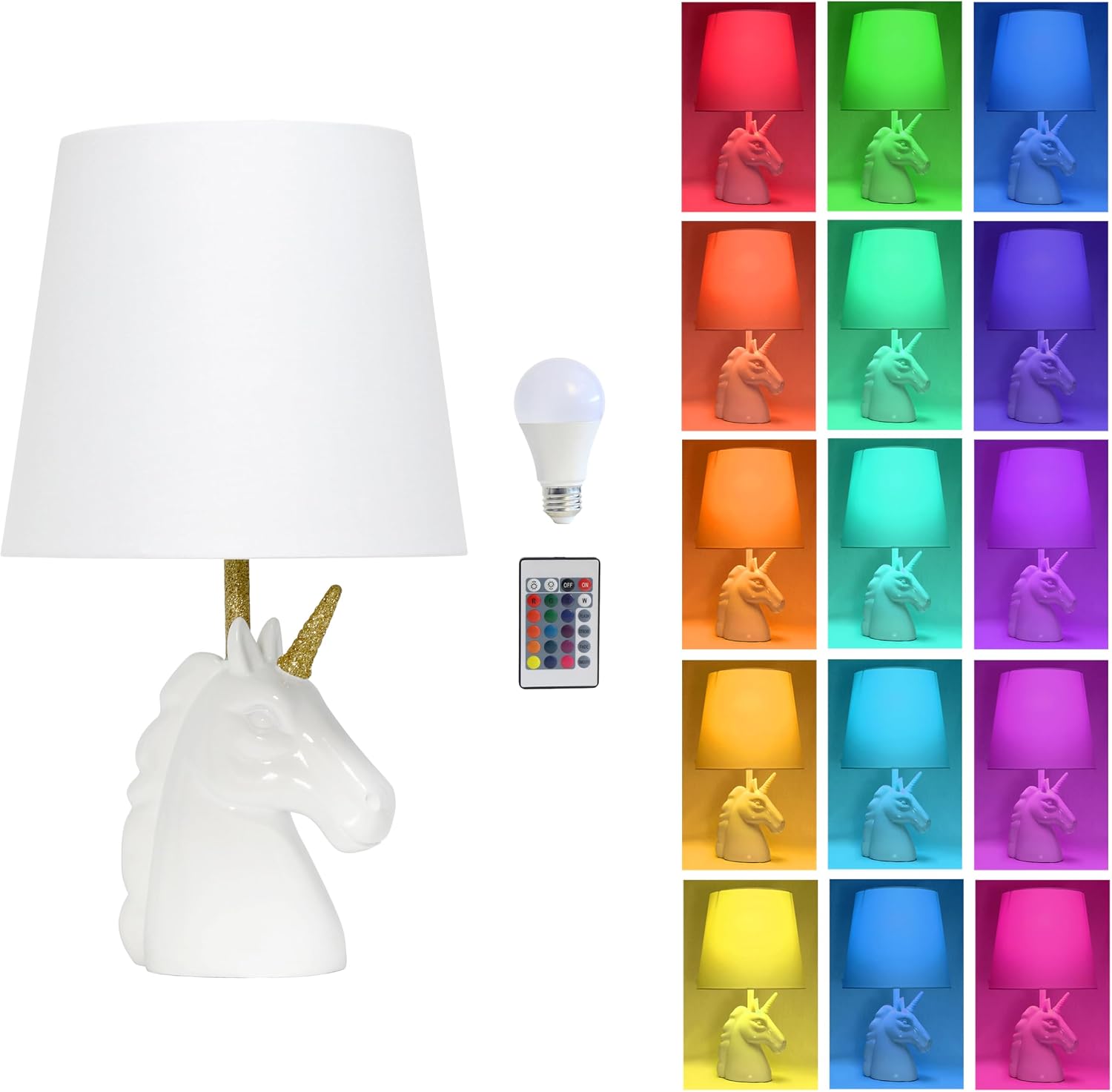 Simple Designs LT1078-WHT-CCLB 15.5" Sparkling Gold and White Unicorn Table Lamp with Color Changing LED Bulb Included