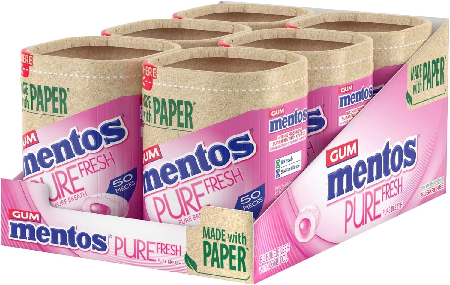 Mentos Pure Fresh Bubble Fresh Flavour, Sugar Free Chewing Gum With Xylitol, Suitable for Vegetarians - 6 x 50 Pieces