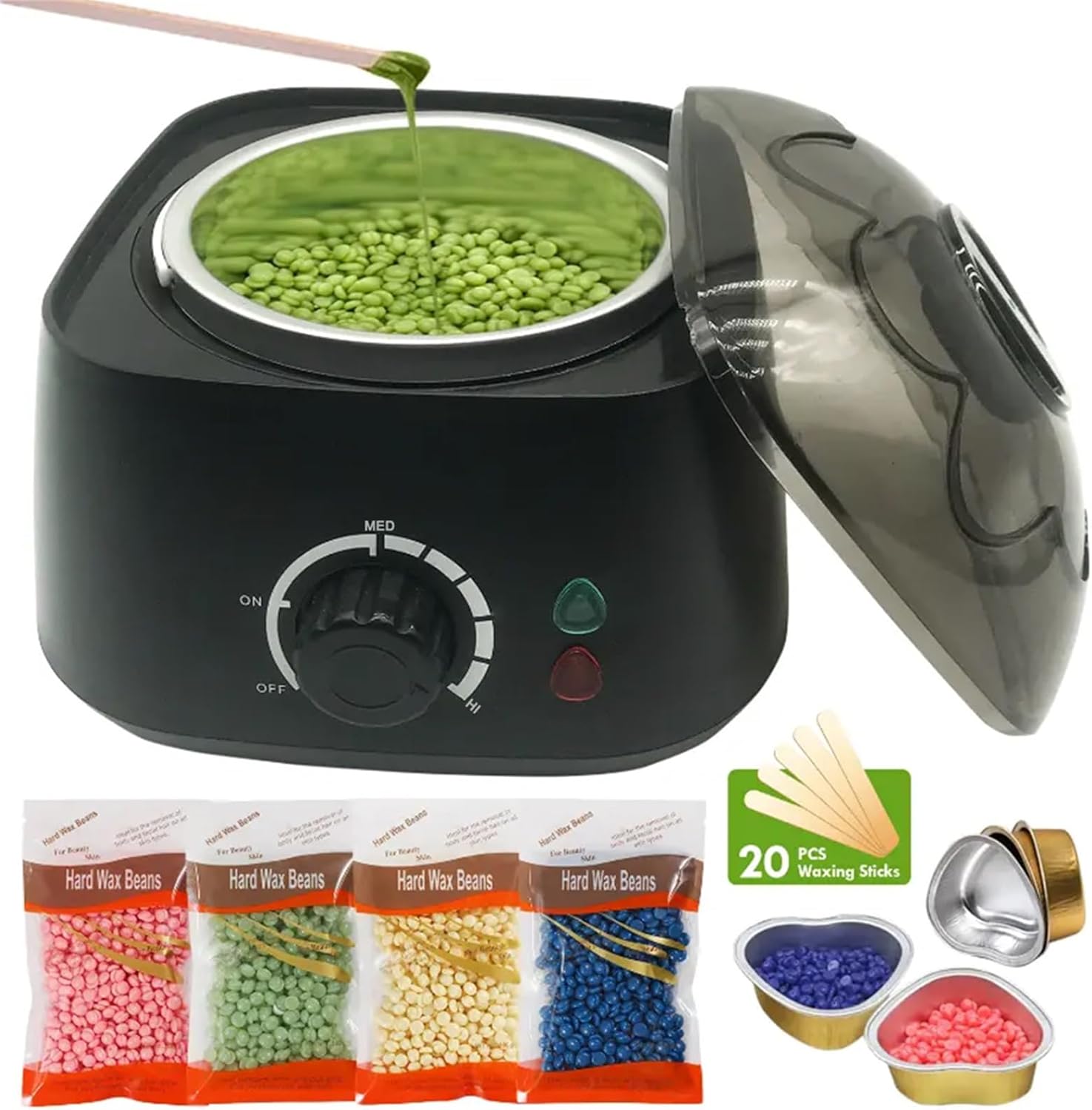 Waxing Kit, Wax Warmer, Wax Pot for Hair Removal: Wax Heater Kit for Waxing, 4 Packs Wax Beads and 20 Applicator Sticks, Painless Waxing Machine for Full Body