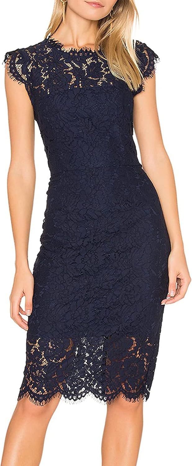 MEROKEETY Women's Sleeveless Lace Floral Elegant Cocktail Dress Crew Neck Knee Length for Party
