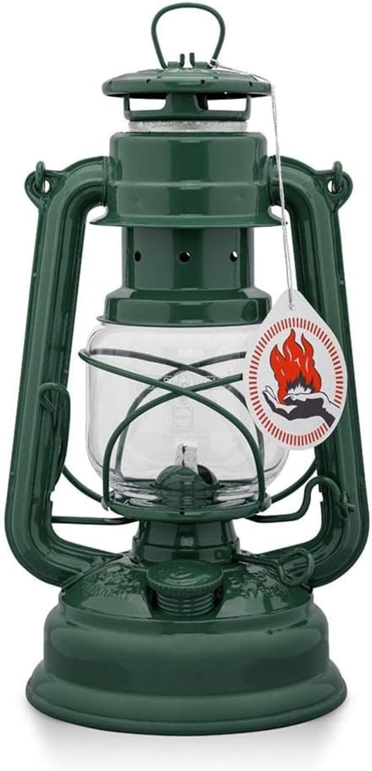 Feuerhand 276 Outdoor Hurricane Oil Lantern - German-Made Since 1893, Paraffin Lamp with Galvanized Steel, 300ml Tank, 20 Hour Burn Time, Safe for Hanging or Table Use, Kerosene Camping Light, Green