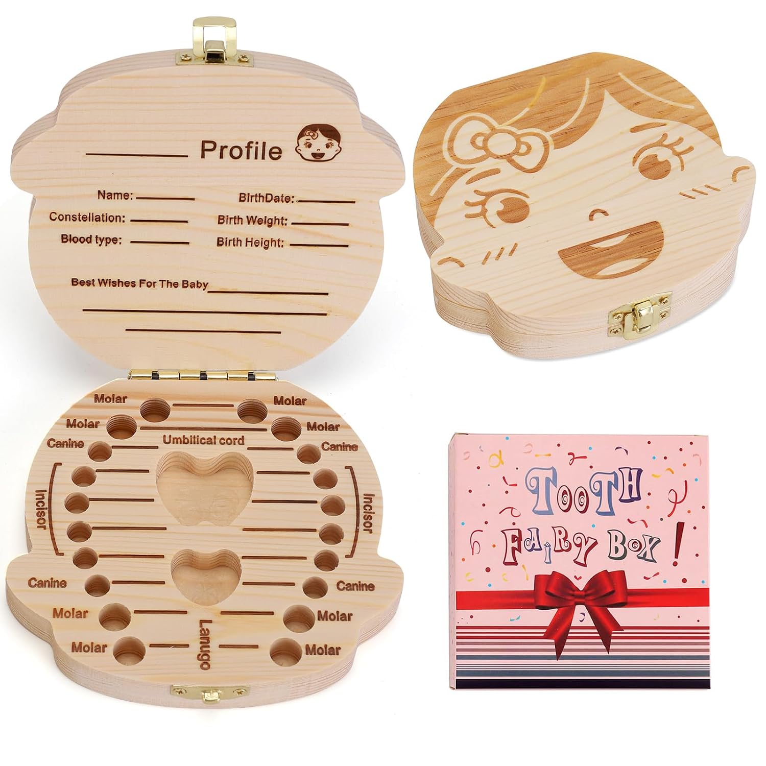 NASHRIO Baby Tooth Box Wooden Kids Keepsake Organizer Gift for Baby Teeth, Cute Children Tooth Container with Tweezers to Keep the Childwood Memory (Gril)