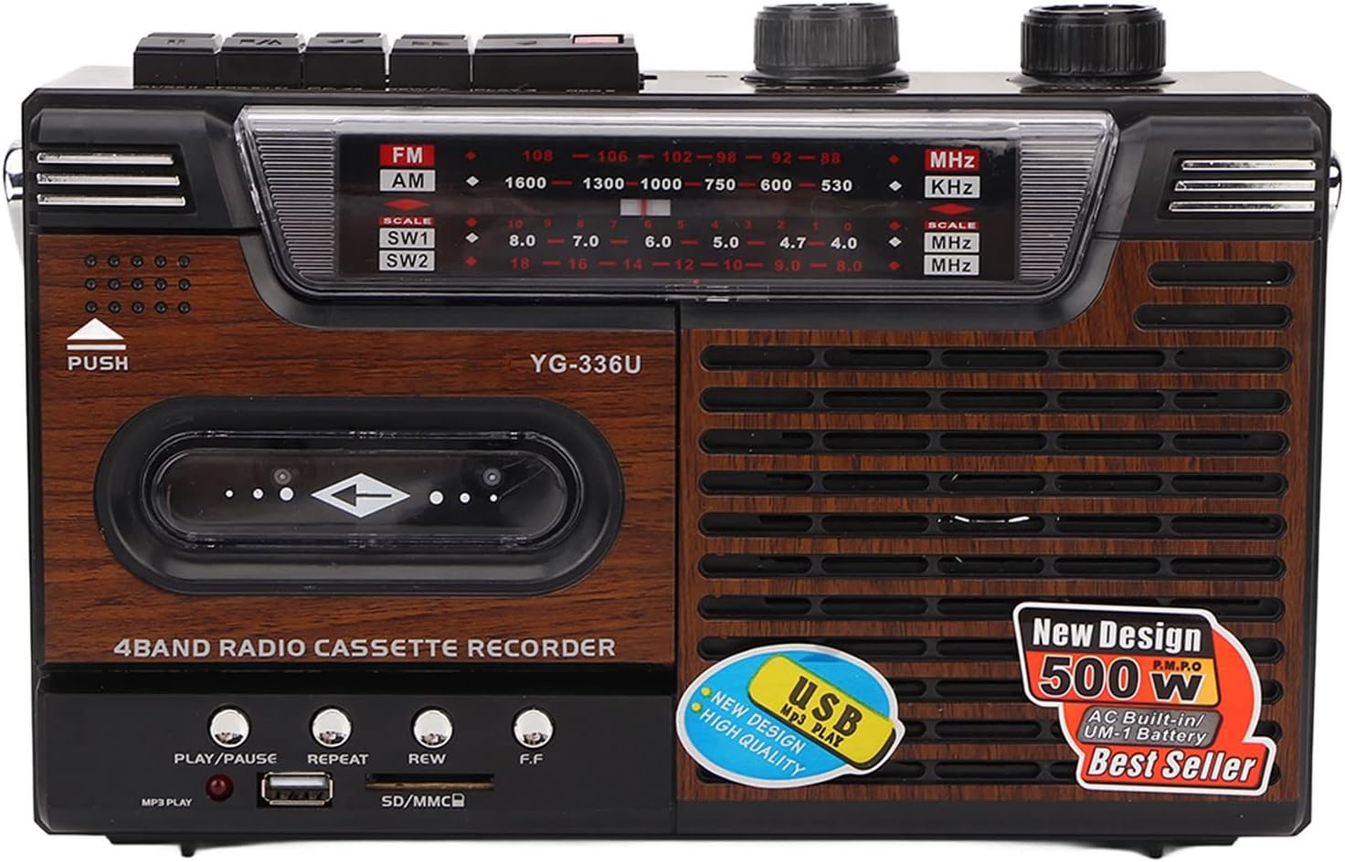 Retro Radio Cassette Player, AM/FM Radio Stereo Portable Cassette Player CasetteTape Player Recorder with Earphone Jack, Support Storage Card and USB (UK Plug)
