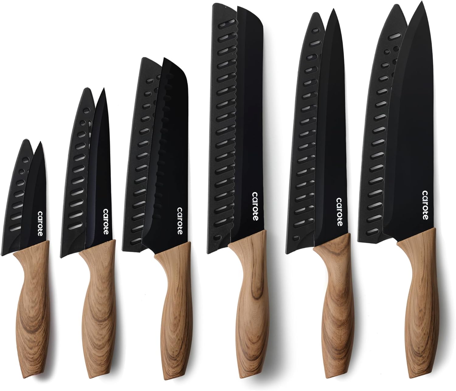 CAROTE 12PCS Knife Set, Stainless Steel Kitchen Knife Set with Nonstick Ceramic Coating Dishwasher Safe with 6 Blade Guards, Rustproof, Black