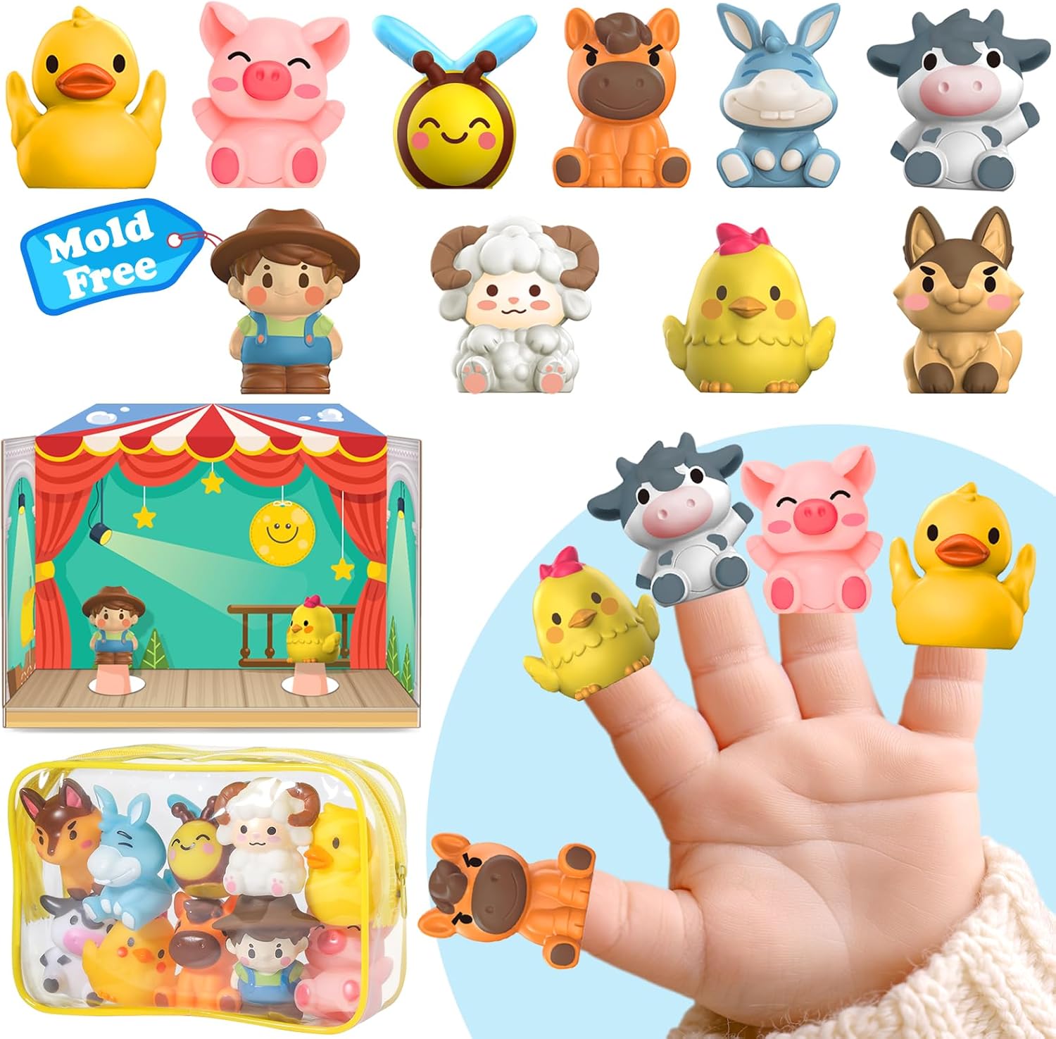 Oriate Farm Animals Finger Puppets, Baby Finger Puppet Bath Toys, 10PCS Toddler Farming Animal Travel Toys, Puppet Show Stage Storage Bags incl. Baby Party Bag Fillers Pool Water Toy, 12m+