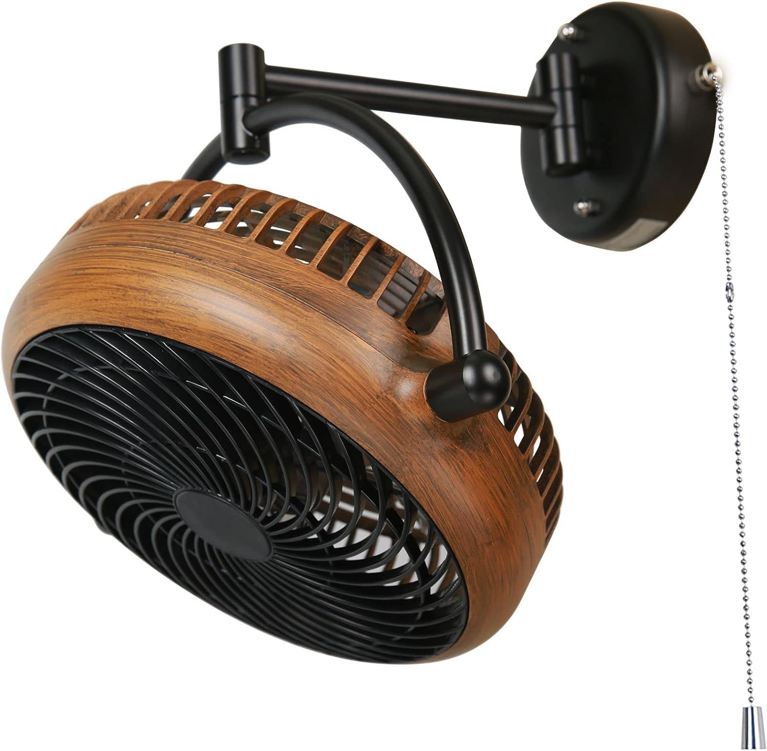 Wall Mount Fans with Pull Chain, 10 Inch Wall Fans Quiet Oscillating Wall-Mounted Fan, Adjustable Folding Arm, 2-Speed Plug-in Fan for Bedroom, Living Room, Bathroom, Patio, Kitchen, Garage, Walnut