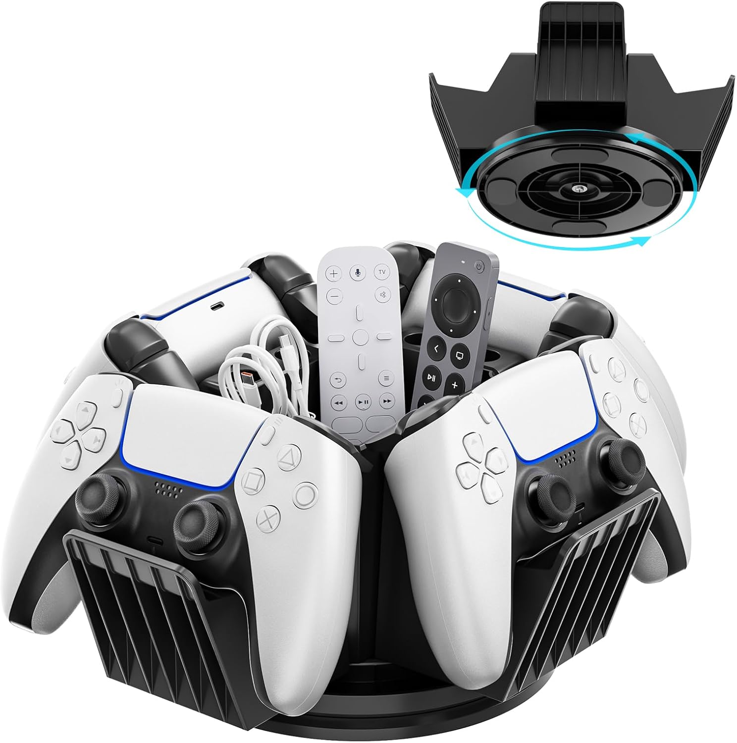 KDD Controller Organizer for Desktop - 360°Rotatable Controller Holder with Storage Box - Universal Stand for 4 Controllers, Desk Organizer for Switch Remote Control Pen Gamer Accessories