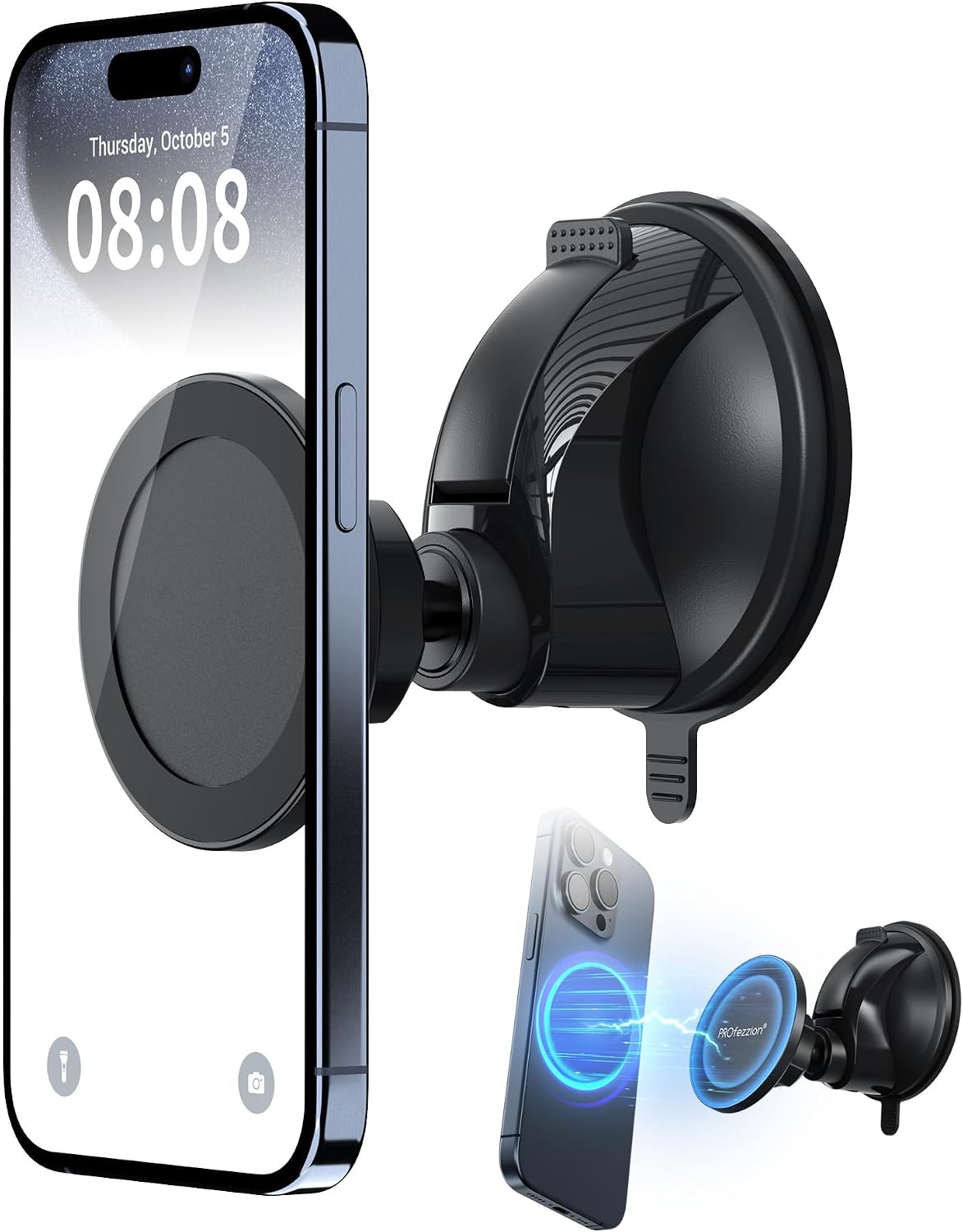 PROfezzion Magnetic Shower Mirror Phone Holder Reusable Suction Cup Phone Mount for iPhone Mag Safe 16 15 14 13 12 & All Phones, Rotating Stand for Glass Window Bathroom Kitchen Makeup Video (Black)