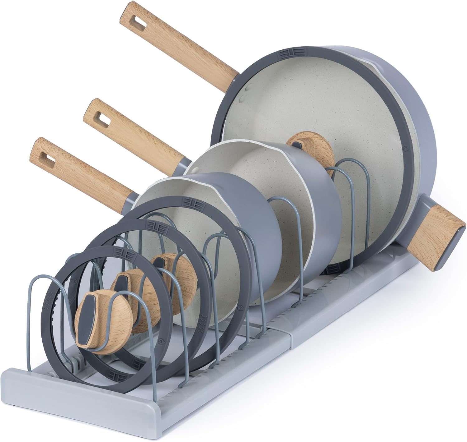 LIVIVO Expandable Pan Lid Organiser Rack Holder - 10 Adjustable Dividers - Non Slip Feet - Perfect For Pots, Pans, Chopping Board, Baking Trays - Kitchen Drawer Cupboard Organiser