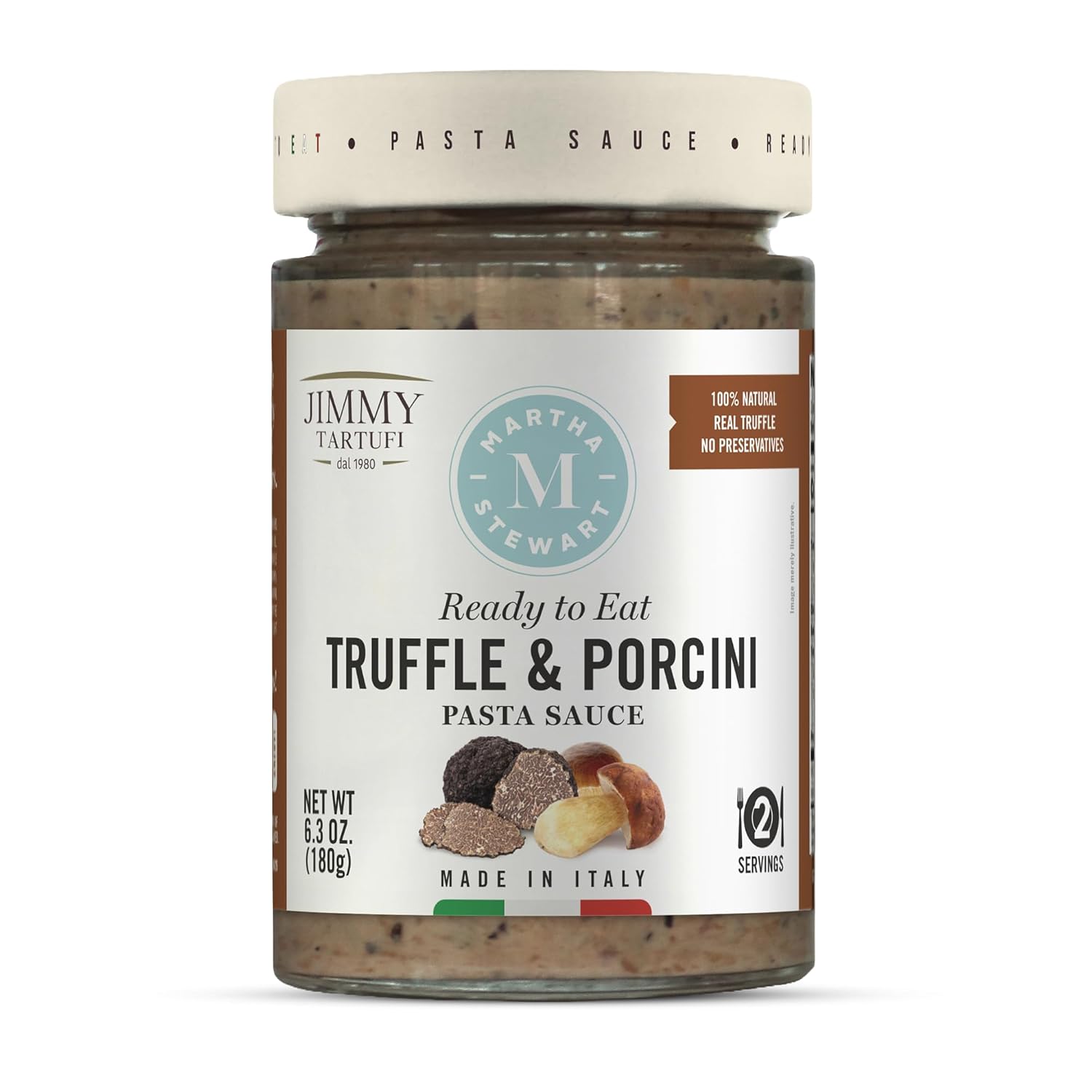 Martha Stewart & Jimmy Tartufi Truffle & Porcini Pasta Sauce 6.3 oz (Pack of 1) - Real Truffle, Porcini Mushrooms, 100% Natural, Gluten Free, No Preservatives, No Added Sugar, Italian Pasta Sauce