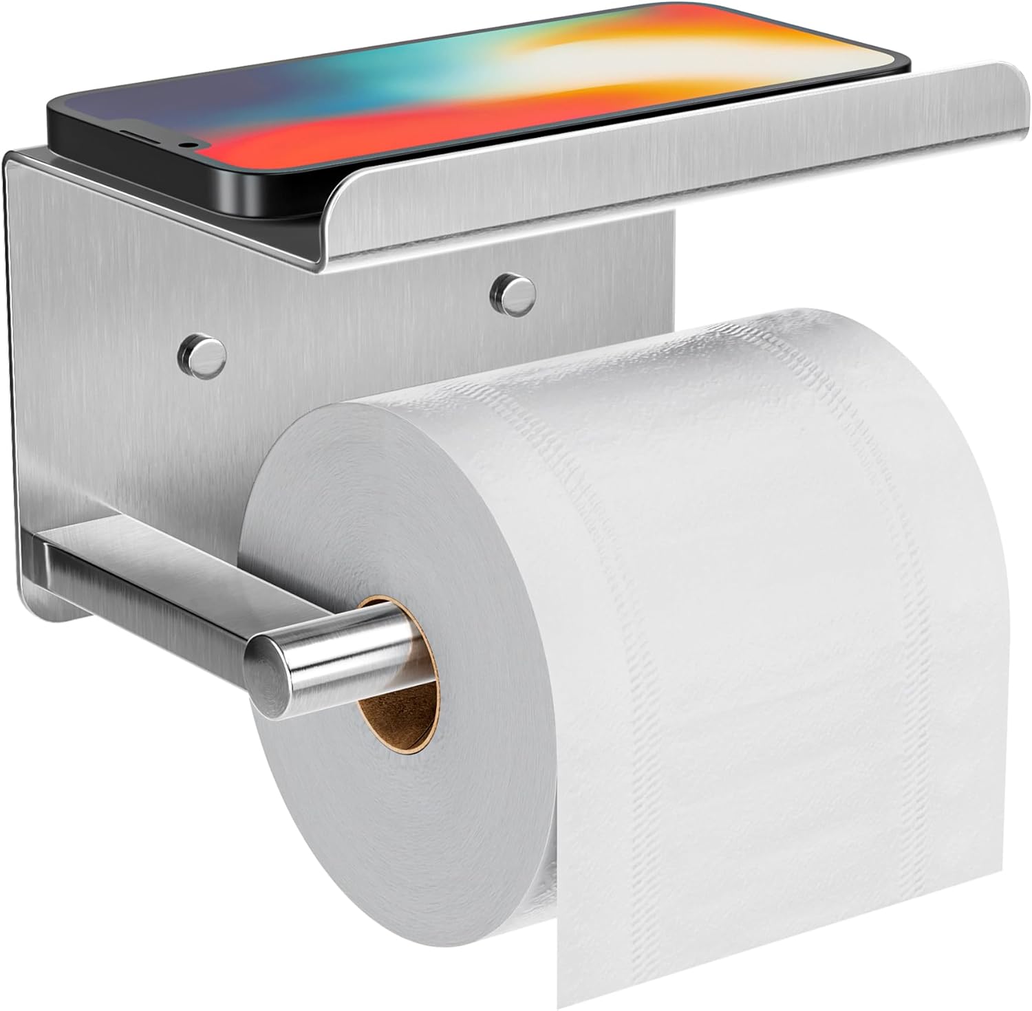Adhesive Toilet Paper Holder with Phone Shelf, Wall Mounted Toilet Paper Roll Holder, Rustproof Bathroom Tissue Roll Holder with Shelf, Sticky Toilet Paper Roll Holder- Silver