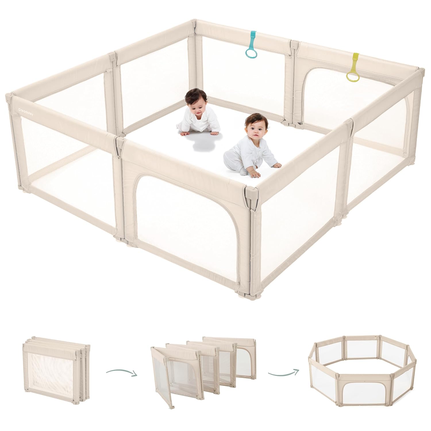 Doradotey 8-Panel Foldable Baby Playpen for Toddlers 1-3, Adjustable Shape Large 59"x59" Indoor Playard, No Tools Assembly, 360° Breathable Mesh, Separate Washable Panels Safety Fence,Beige