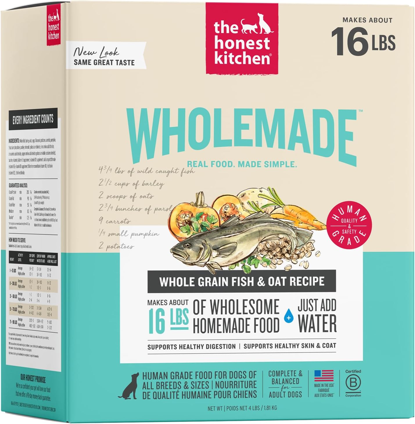 The Honest Kitchen Wholemade Whole Grain Fish & Oats, Human Grade Dehydrated Dog Food, Just Add Water, Supports Healthy Digestion, Skin & Coat, Topper for Dry or Wet Dog Food, 4 lb Box Makes 16 lbs