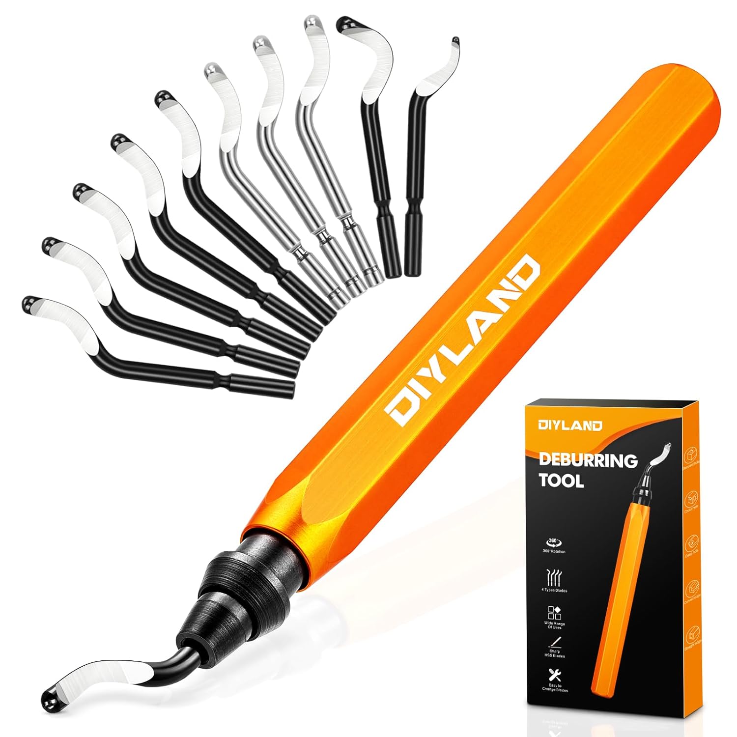 DIYLAND Hand Deburring Tool Kit with Metal Handle+10 Extra HSS(Steel) Blades in 4 Modes 360 Degree Rotatable Pen Deburring Cutter Burr Remover for Copper Pipes, 3D Printing, Plastics, Resin Art, Wood