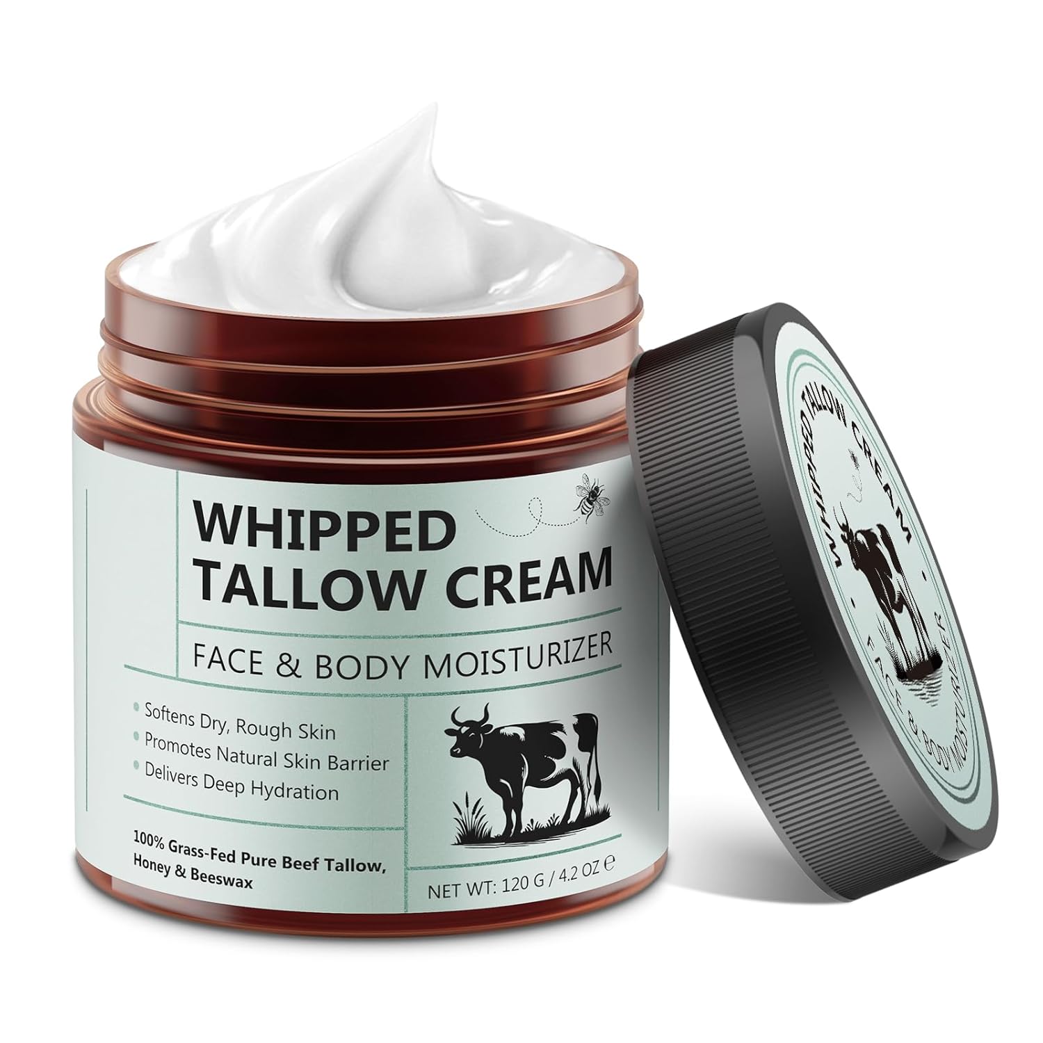 Beef Tallow for Skin, Tallow and Honey Balm, Organic Grass Fed Whipped Beef Tallow with Honey Beeswax, Deeply Moisturizes Face & Body, Repair Skin, 4.2 Oz