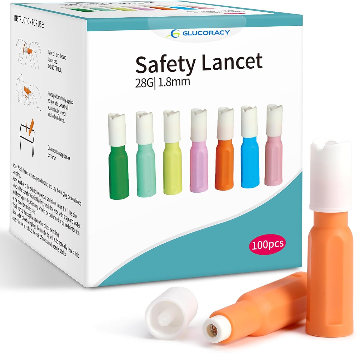 Safety Lancets, Sterile, Top Push Button Activated, 28 Gauge, 1.8 mm, 100 Count, 1 Pack