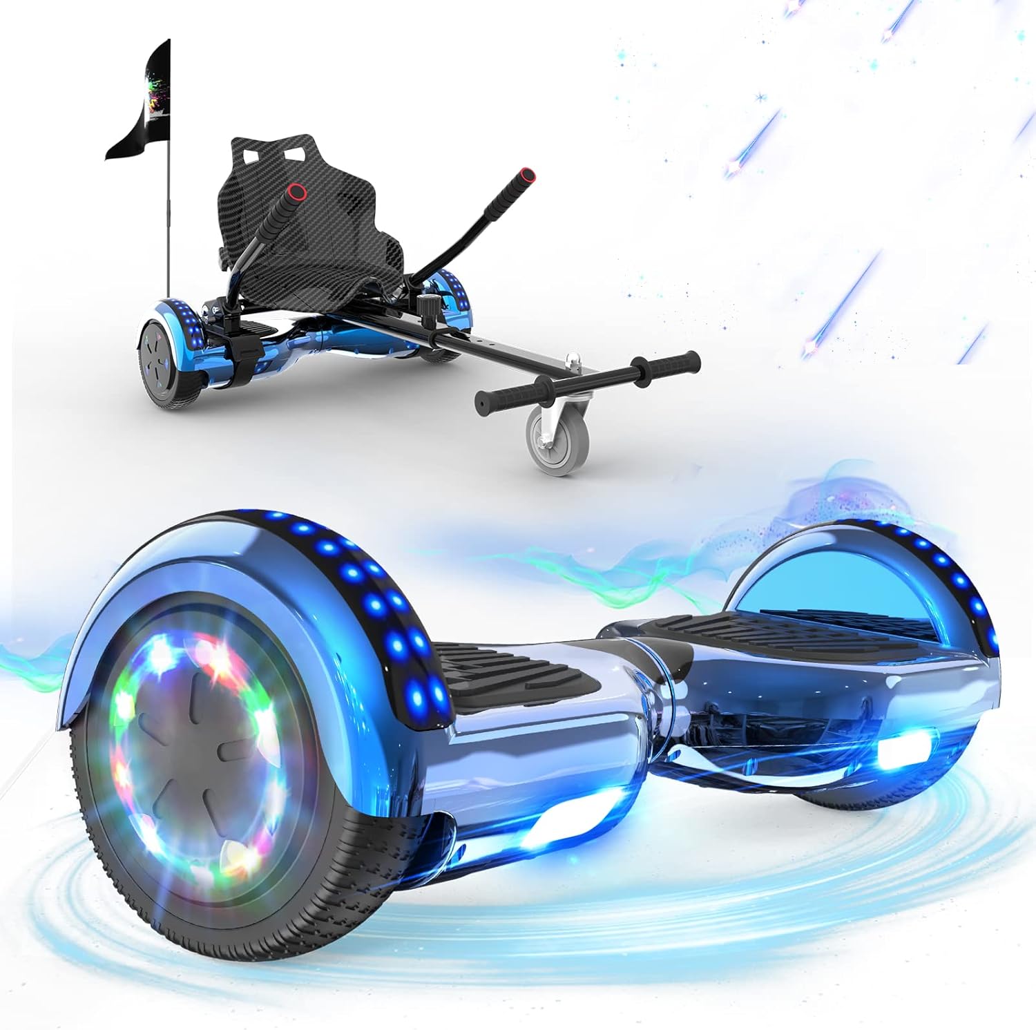 RCB Hoverboards with Go Kart Seat Bundle for Kids Segways Built in LED lights Bluetooth Speaker Hoverboards, Gift for Kids and Adult