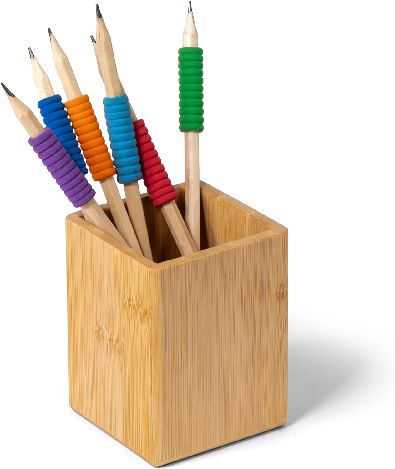 OSCO Bamboo Square Pen Pot, Sustainable MOSO Desk Tidy and Office Organiser, Compact Pencil Holder for Workspace, Makeup Brushes and Cosmetics, 10.2 × 7.7 × 7.7 cm