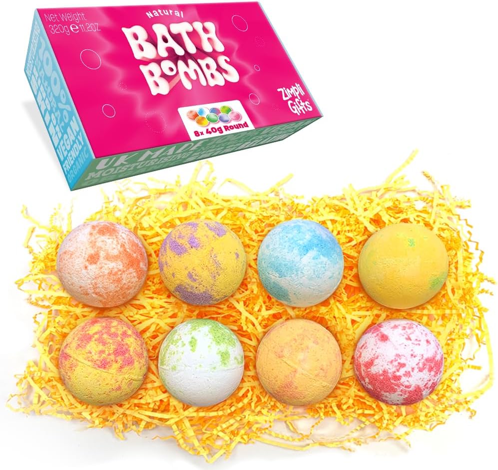 8 x Bath Bombs Value Gift Set from Zimpli Gifts, Present for Mum, Wife, Girlfriend, Daughter, Ideal for Mother's Day, Handmade, Moisturising, Organic and Cruelty Free (Colours May Vary)