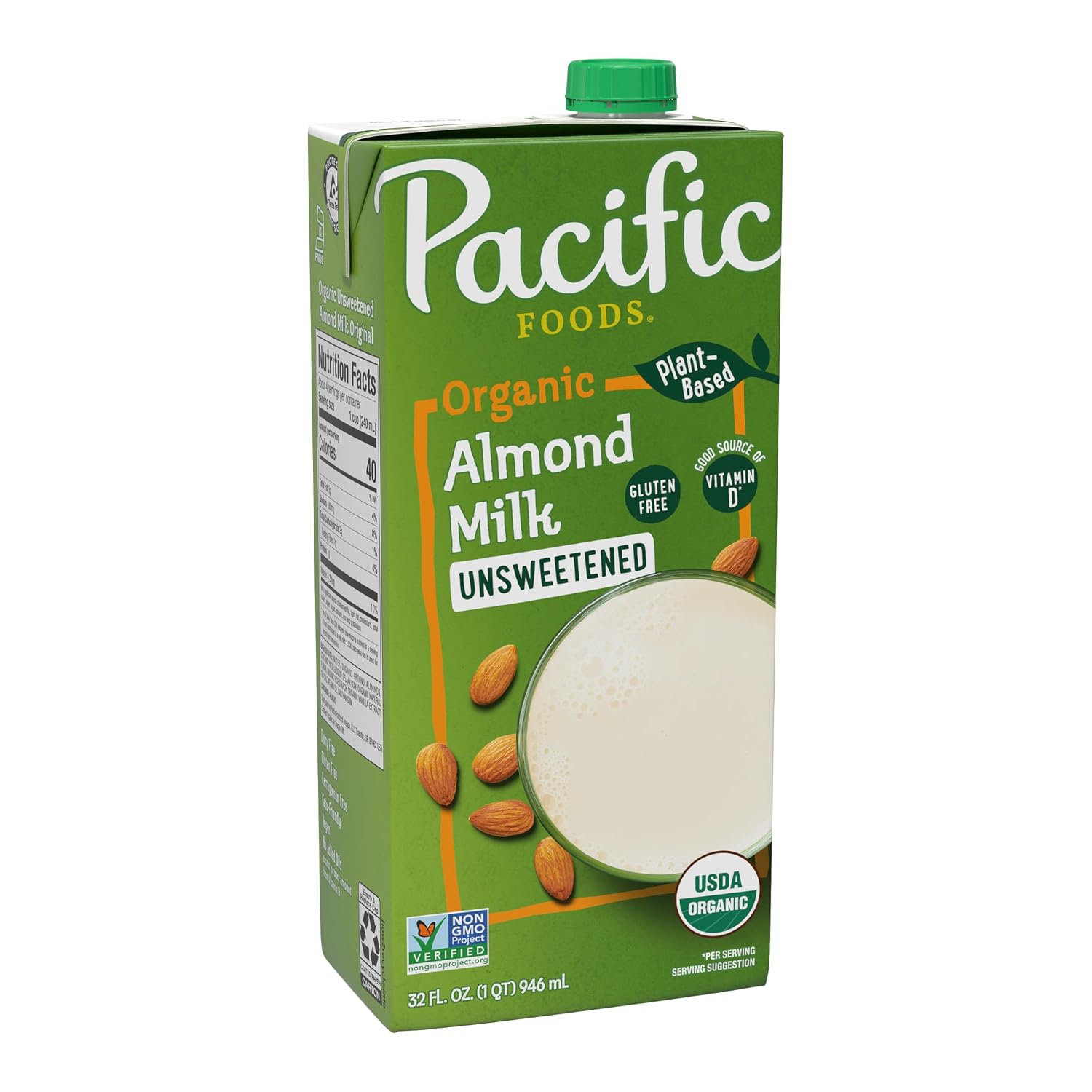 Pacific Foods Organic Unsweetened Almond Milk, Plant Based Milk, 32 oz Carton