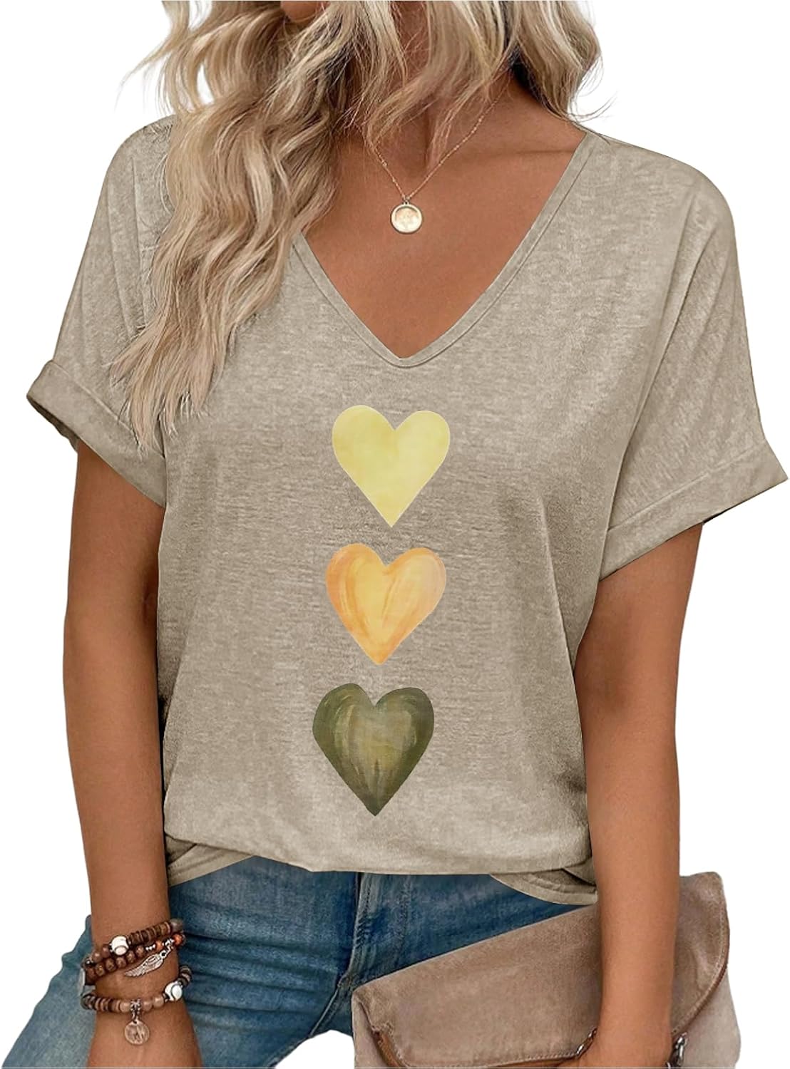 heekpek Women's T-Shirts Summer Casual Deep V Neck T Shirts Rolled Up Short Sleeve 3 Heart Print Loose Tee Shirts Basic Tops